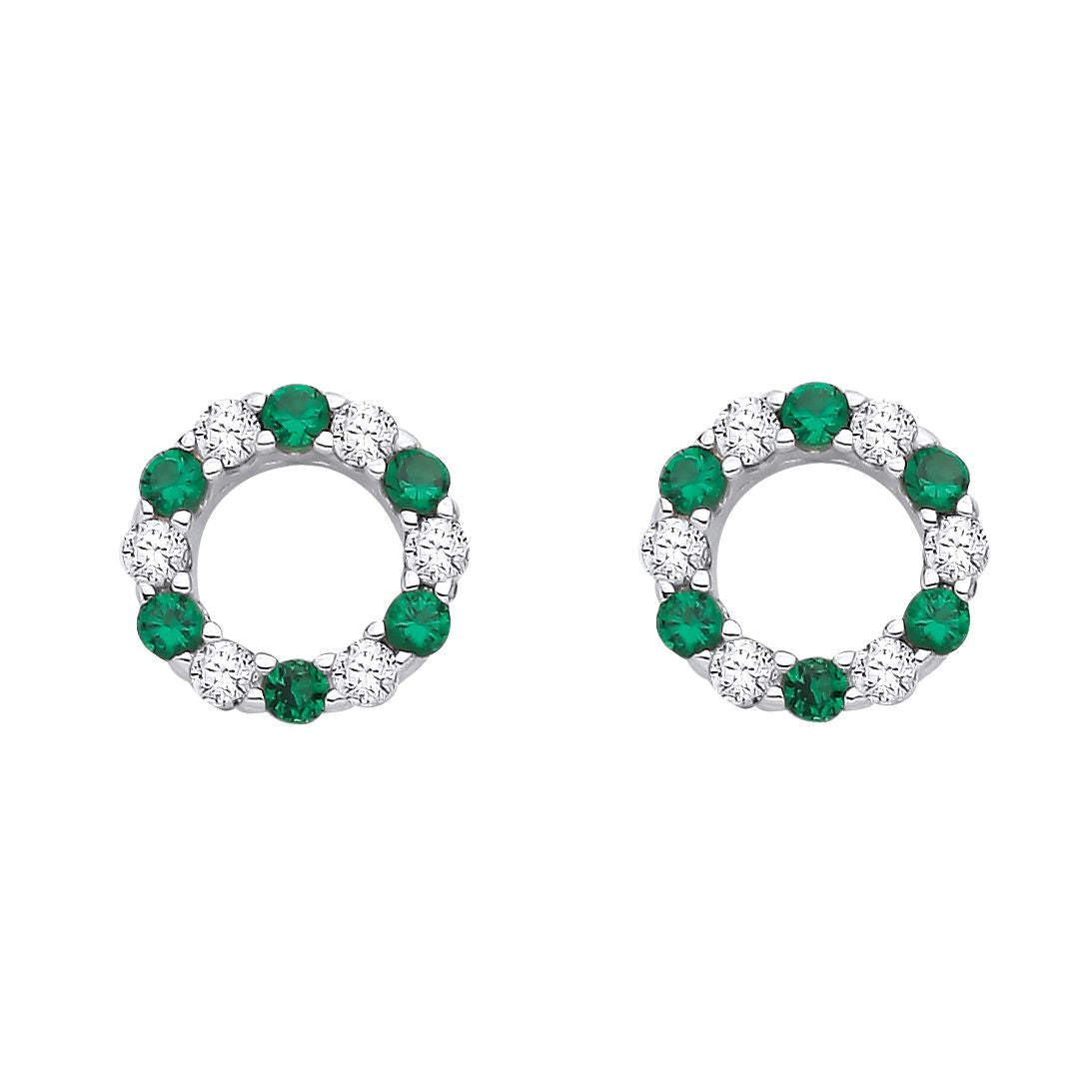 Silver  Green CZ Alternating Eternity Circle of Life Stud Earrings - EAG1176EM