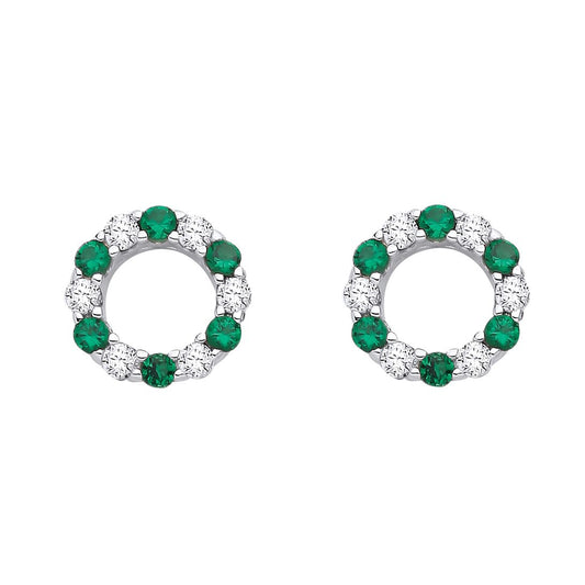 Silver  Green CZ Alternating Eternity Circle of Life Stud Earrings - EAG1176EM