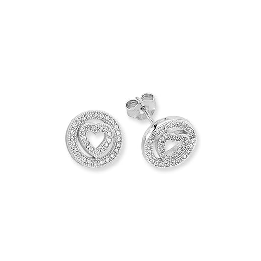 Sterling Silver  CZ Love Heart Halo Circle of Life Stud Earrings - EAG1179