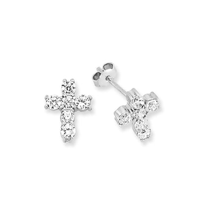 925 Sterling Silver  CZ 6 Stone Religious Cross Stud Earrings - EAG1180