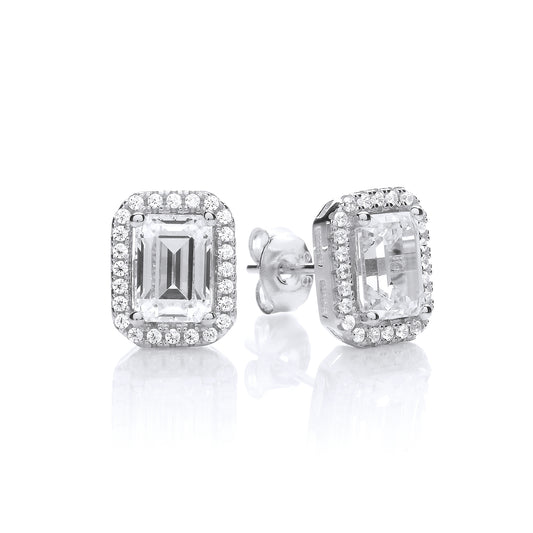 Silver  Long Octagon Halo Ice Rink Cluster Stud Earrings - EAG1182