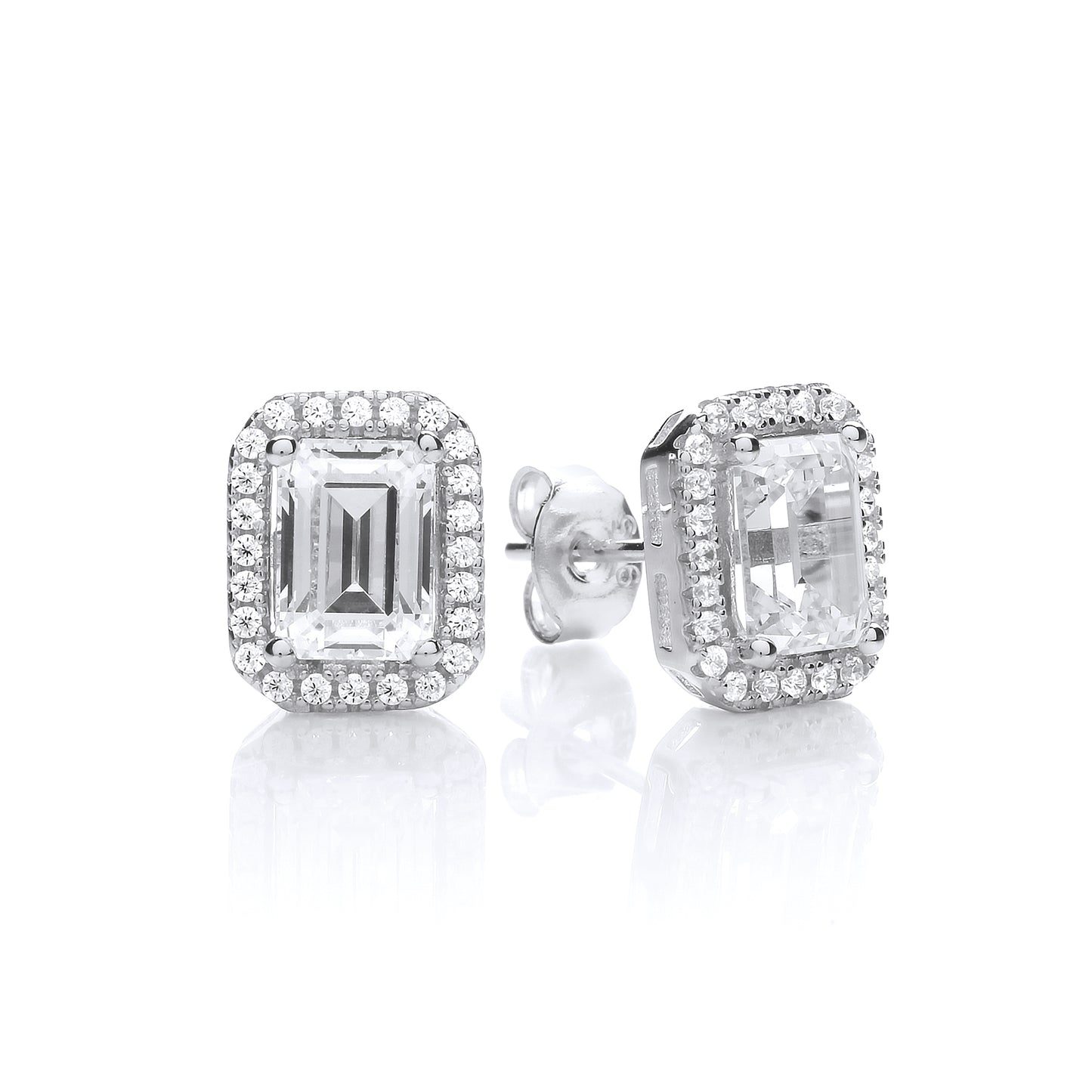 Silver  Emerald CZ Long Octagon Halo Ice Rink Stud Earrings - EAG1182