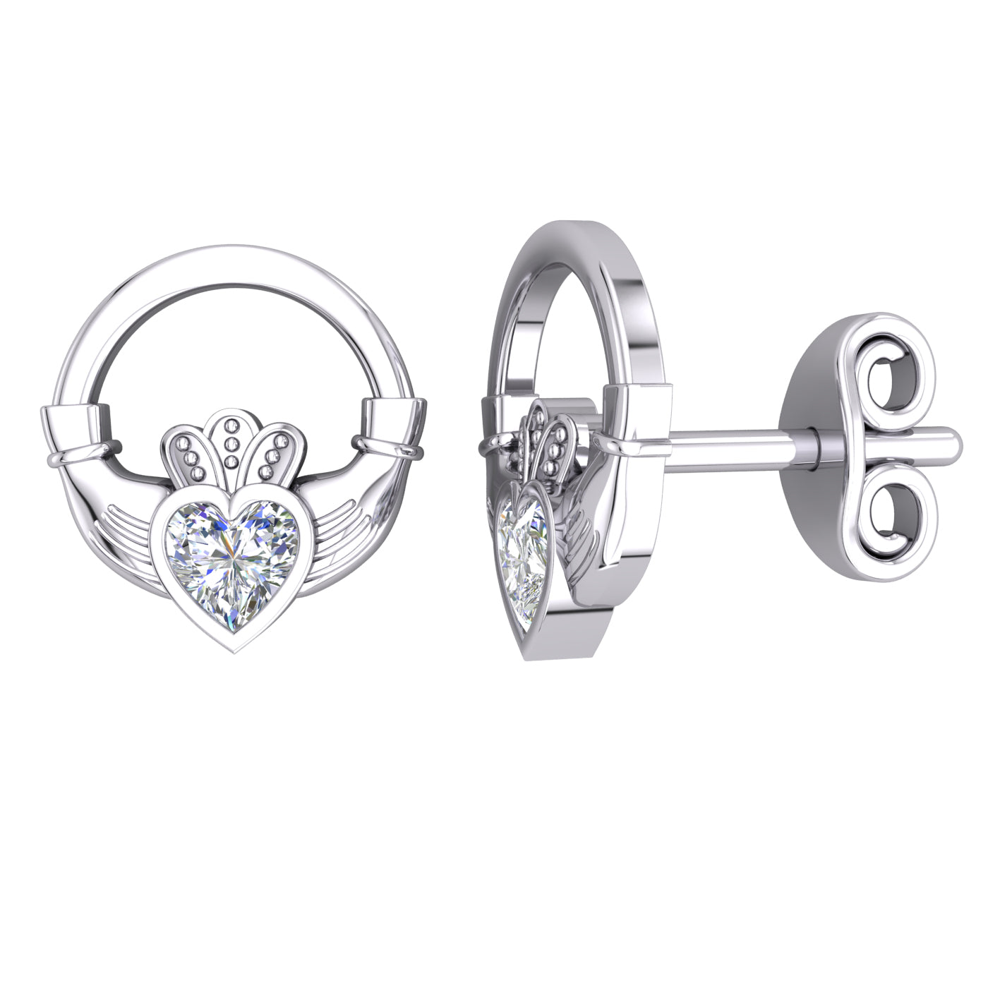 Silver  Heart CZ Heart Claddagh Crown Solitaire Stud Earrings - EAG1185