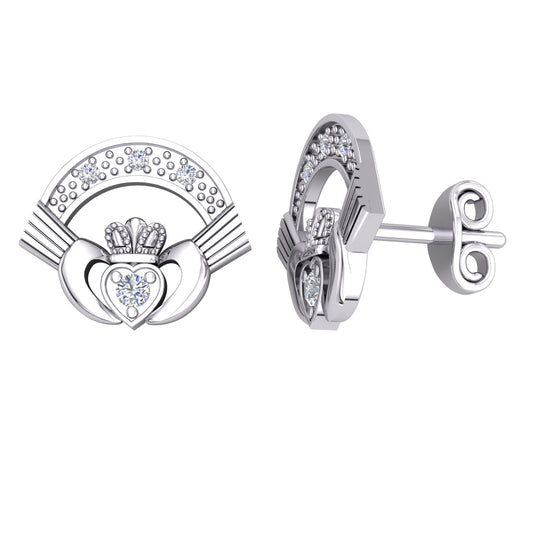 Platinum Plated Silver  Fanned Claddagh Cluster Stud Earrings - EAG1186