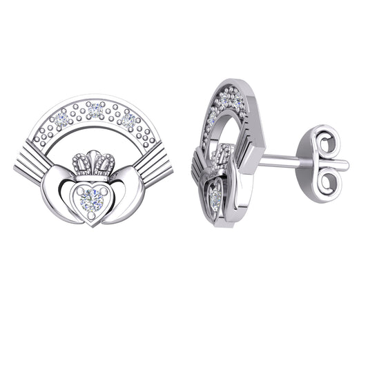 Platinum Plated Silver  CZ Fanned Claddagh Cluster Stud Earrings - EAG1186