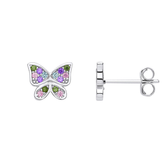 Silver  Pink Green Lilac CZ Light Pastel Butterfly Stud Earrings - EAG1191