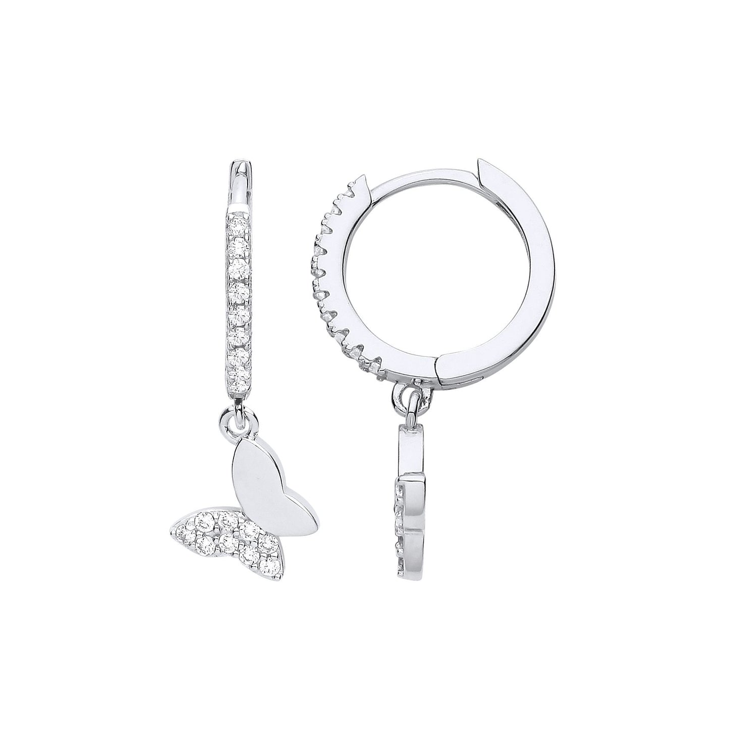 925 Silver  CZ Semi Set Butterfly Charm Huggie Hoop Drop Earrings - EAG1192