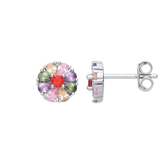 Silver Garnet Lilac Green Pear CZ 8 Petal Flower Stud Earrings - EAG1193