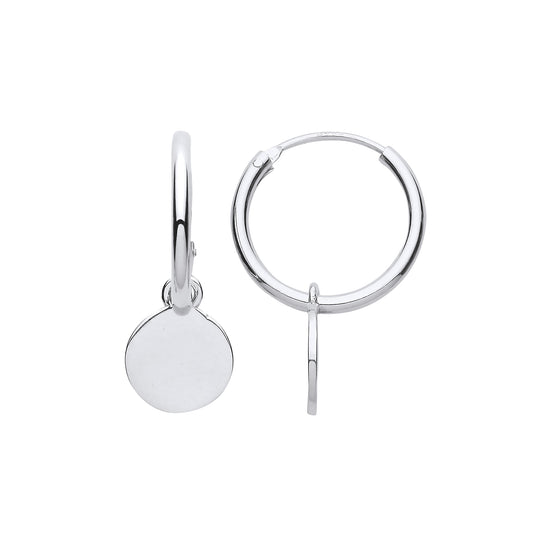 Silver  Round Disc Tag Sleeper Hoop Drop Earrings - EAG1201