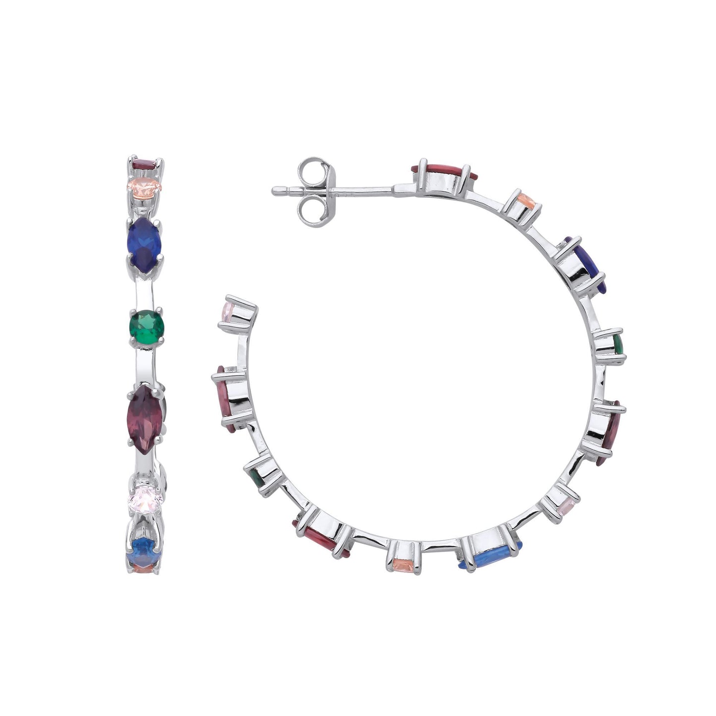 Silver  Blue Purple Green CZ Ferris Wheel Hoop Earrings 35mm - EAG1203