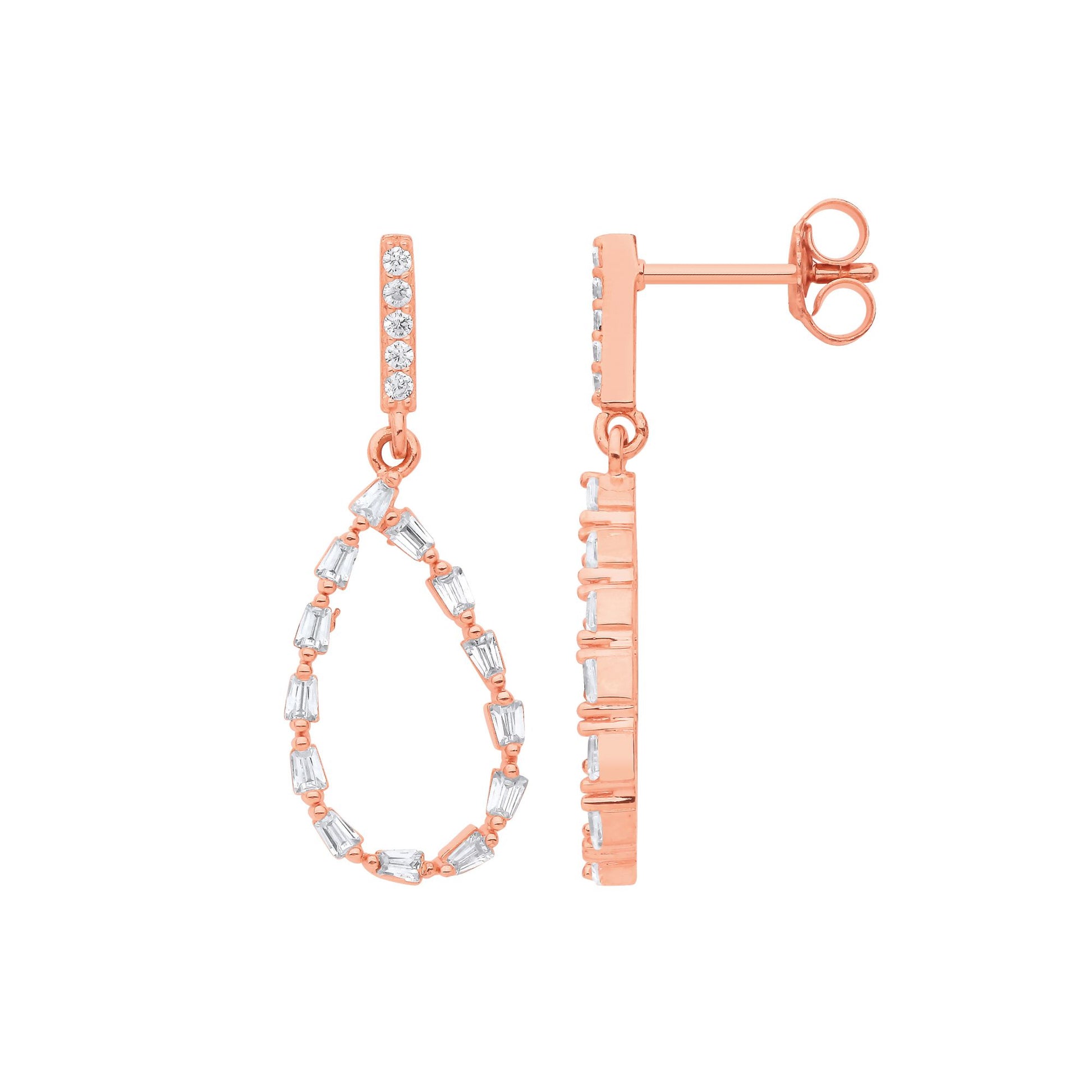 Rose Silver  Baguette CZ Flame Raindrop Cluster Rolo Drop Earrings - EAG1214