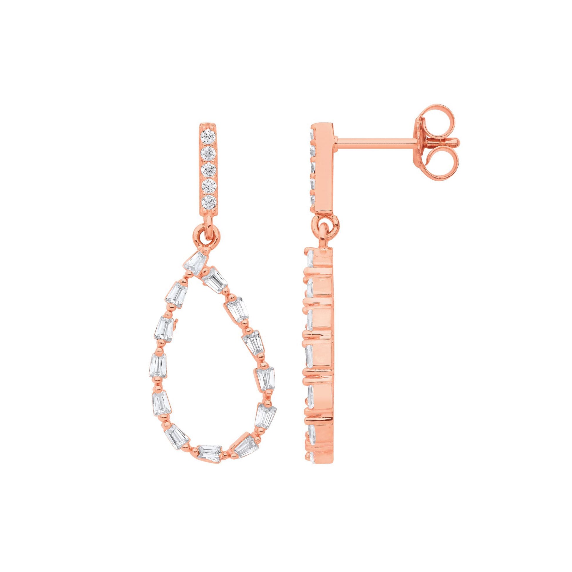 Rose Silver  Baguette CZ Flame Raindrop Cluster Rolo Drop Earrings - EAG1214