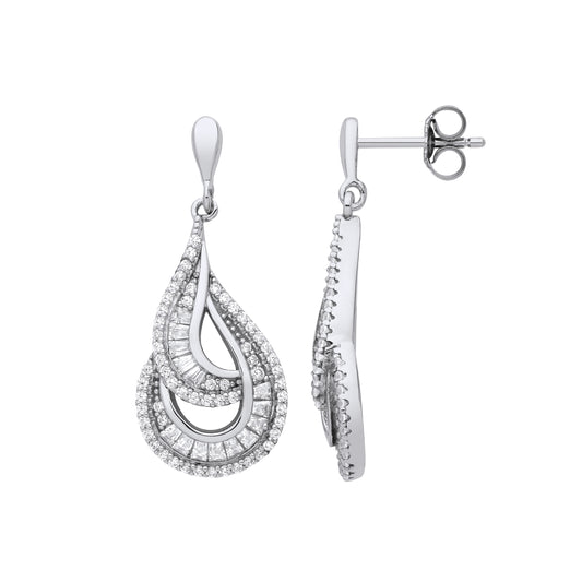 Silver  Baguette CZ Twist Spiral Staircase Avocado Drop Earrings - EAG1217