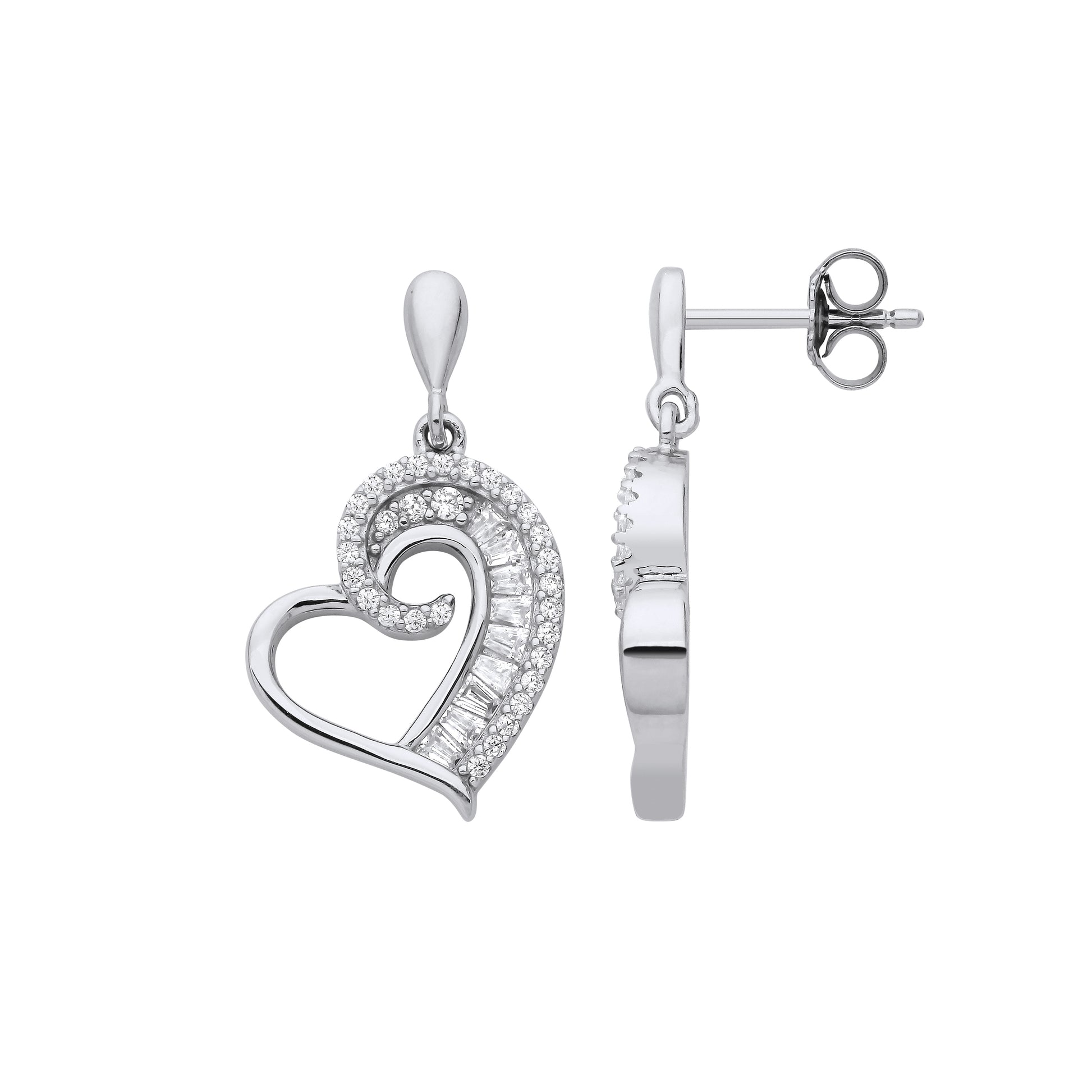 Silver  Baguette CZ Golden Ratio Spiral Love Heart Drop Earrings - EAG1224