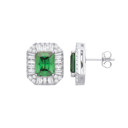 Silver  Green Radiant CZ Football Stadium Octagon Stud Earrings - EAG1234