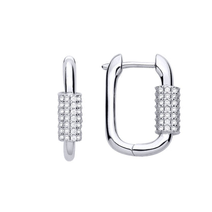 925 Silver  CZ Rounded Rectangle Cluster Huggie Hoop Drop Earrings - EAG1241
