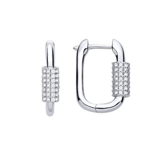 925 Silver  CZ Rounded Rectangle Cluster Huggie Hoop Drop Earrings - EAG1241