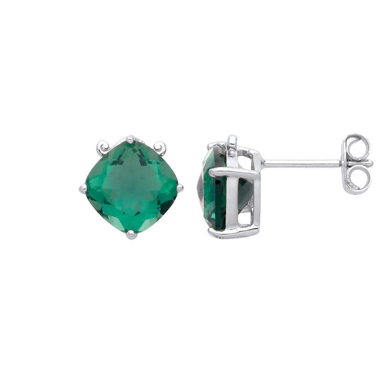 Silver Green Cushion CZ Scroll Top Wig Solitaire Stud Earrings - EAG1244