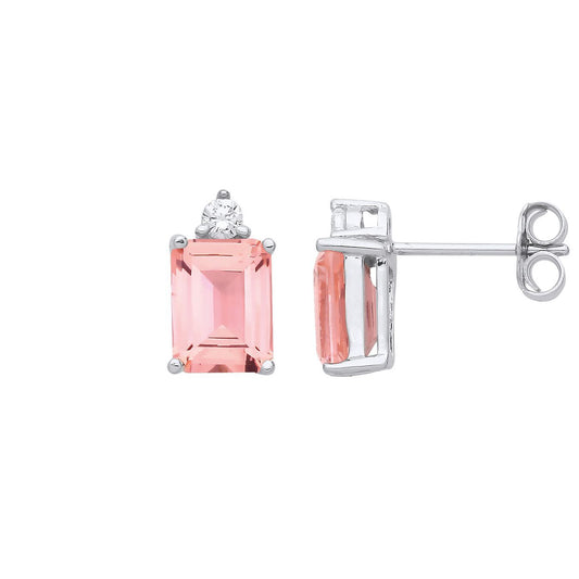 Silver Peach Emerald CZ Princess Tiara Toi et Moi Stud Earrings - EAG1245