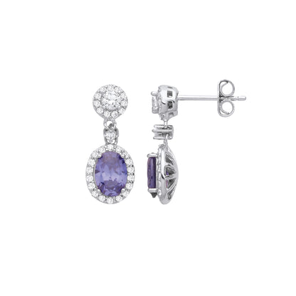 Silver  Lilac Oval CZ Double Halo Cluster Raindrop Drop Earrings - EAG1247