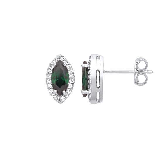 925 Silver  Green Marquise CZ Cats Eyes Halo Cluster Stud Earrings - EAG1250