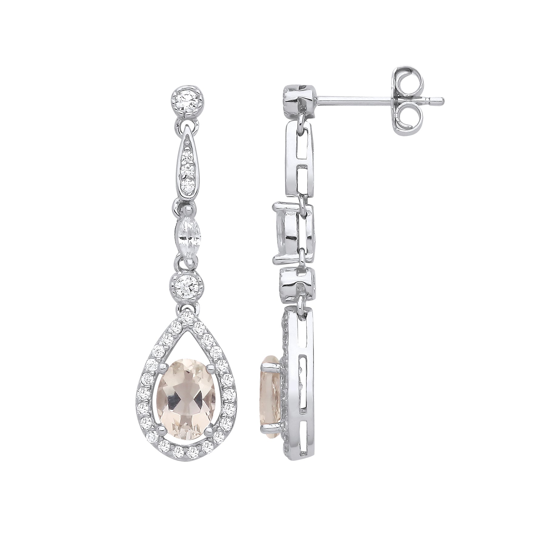 Silver  Peach Oval CZ Raindrop Chandelier Pear Halo Drop Earrings - EAG1253