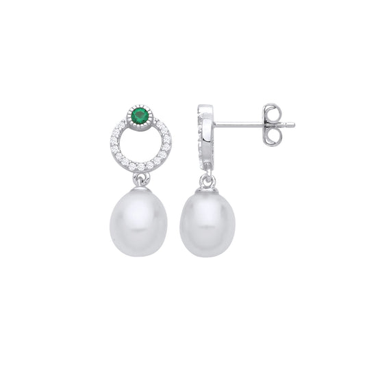 Silver Cream Green Oval Pearl CZ Eyeball Lantern Drop Earrings - EAG1256