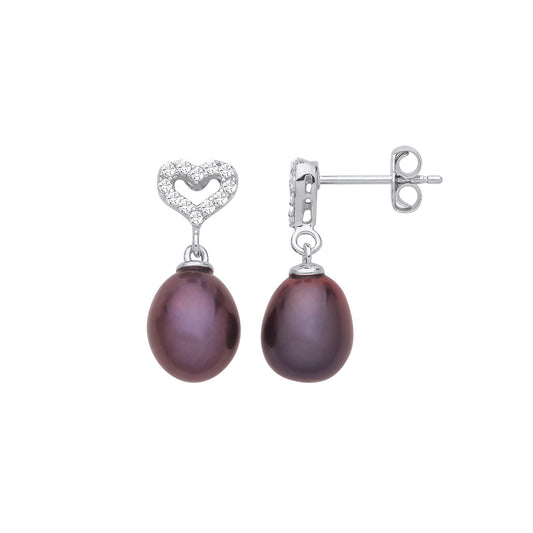 Silver  Oval Pearl CZ Heart Purple Peacock Plum Drop Earrings - EAG1258