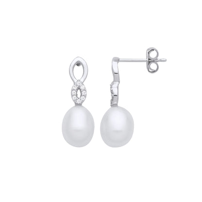 925 Silver  Cream Oval Pearl CZ Double Teardop Halo Drop Earrings - EAG1260