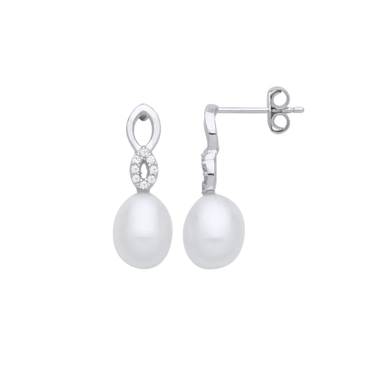 925 Silver  Cream Oval Pearl CZ Double Teardop Halo Drop Earrings - EAG1260