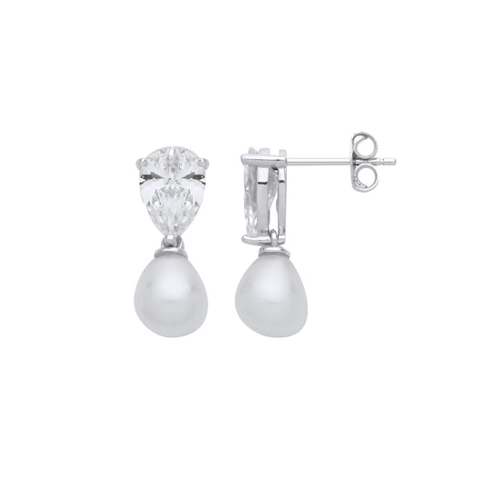 925 Silver  Cream Pear Pearl CZ Tears of Joy Nugget Drop Earrings - EAG1261