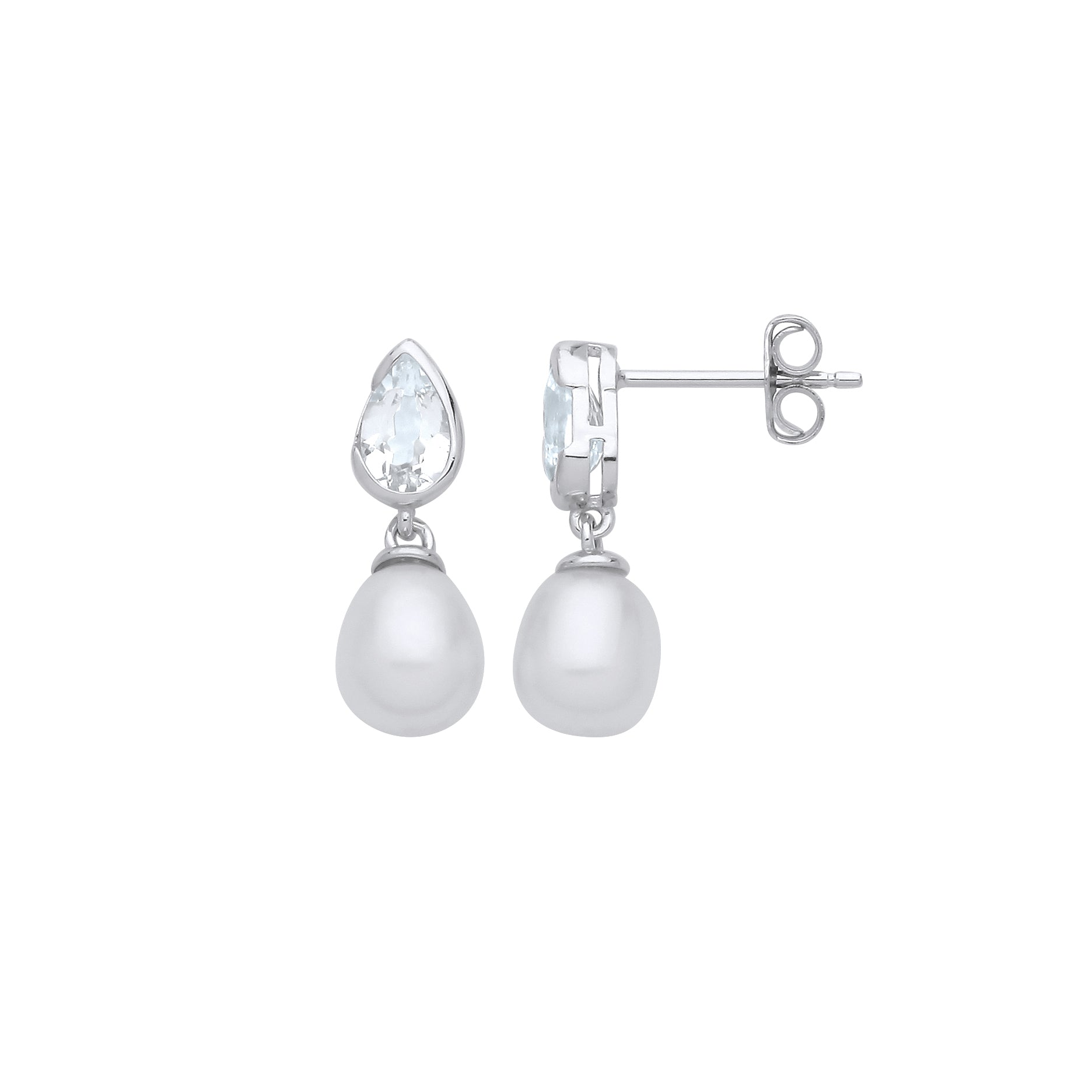 925 Silver  Cream Pear Pearl CZ Bezel Halo Teardrop Drop Earrings - EAG1262