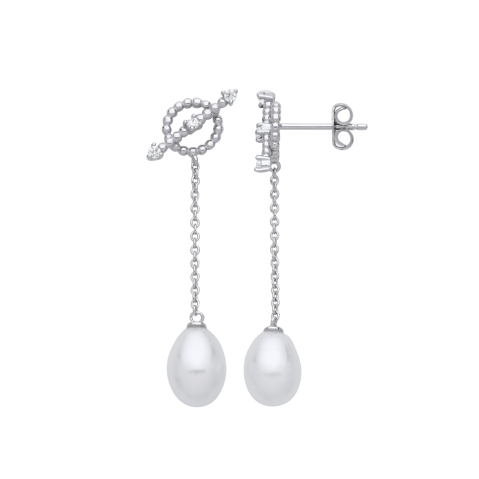 Silver  Cream Oval Pearl CZ Saturn Bead Rolo Chain Drop Earrings - EAG1264