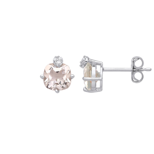 Silver  Peach Cushion CZ Little Hat Accent Solitaire Stud Earrings - EAG1265