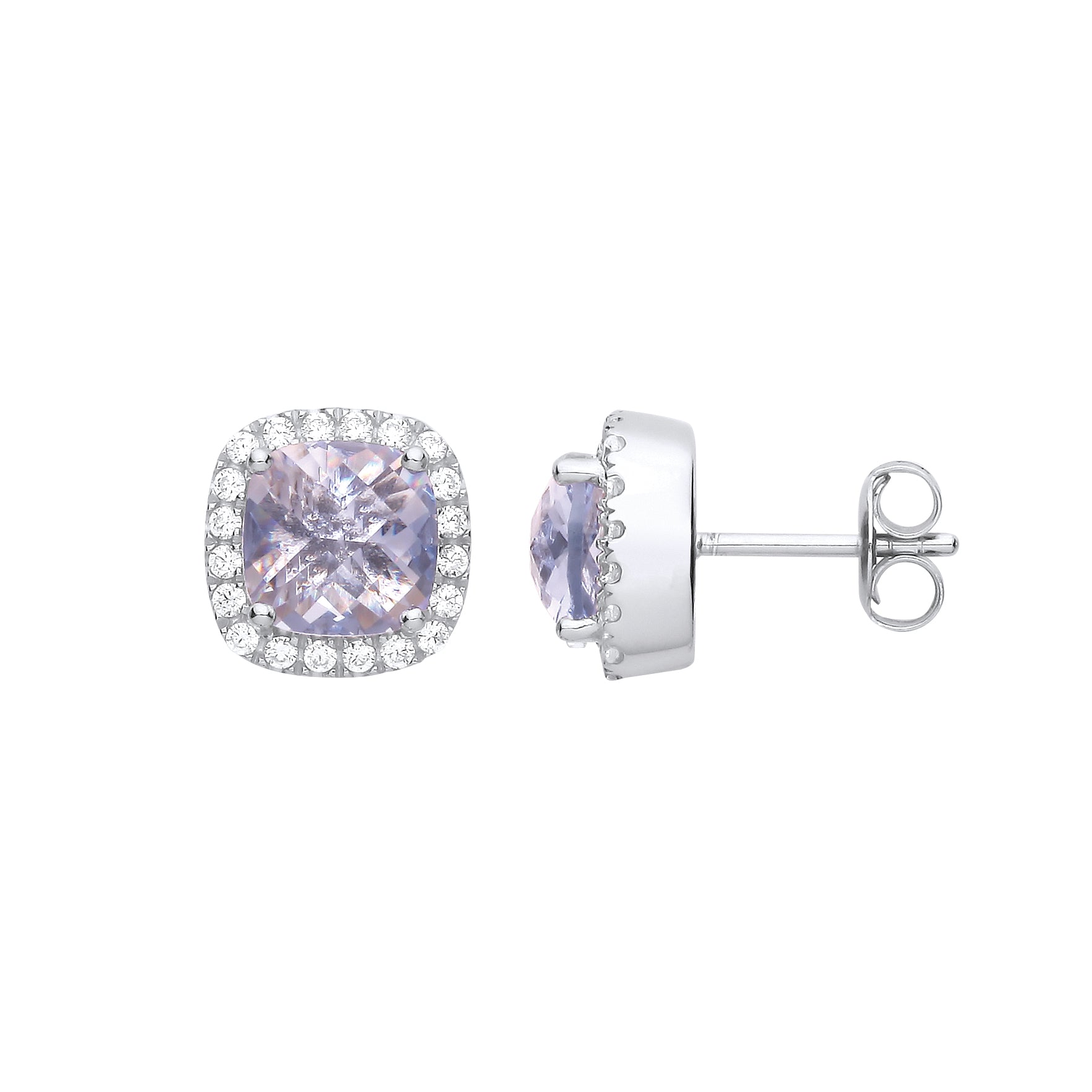 925 Sterling Silver  Lilac Cushion CZ Halo Stud Earrings - EAG1269AQ