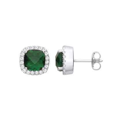 925 Sterling Silver  Green Cushion CZ Halo Stud Earrings - EAG1269EM