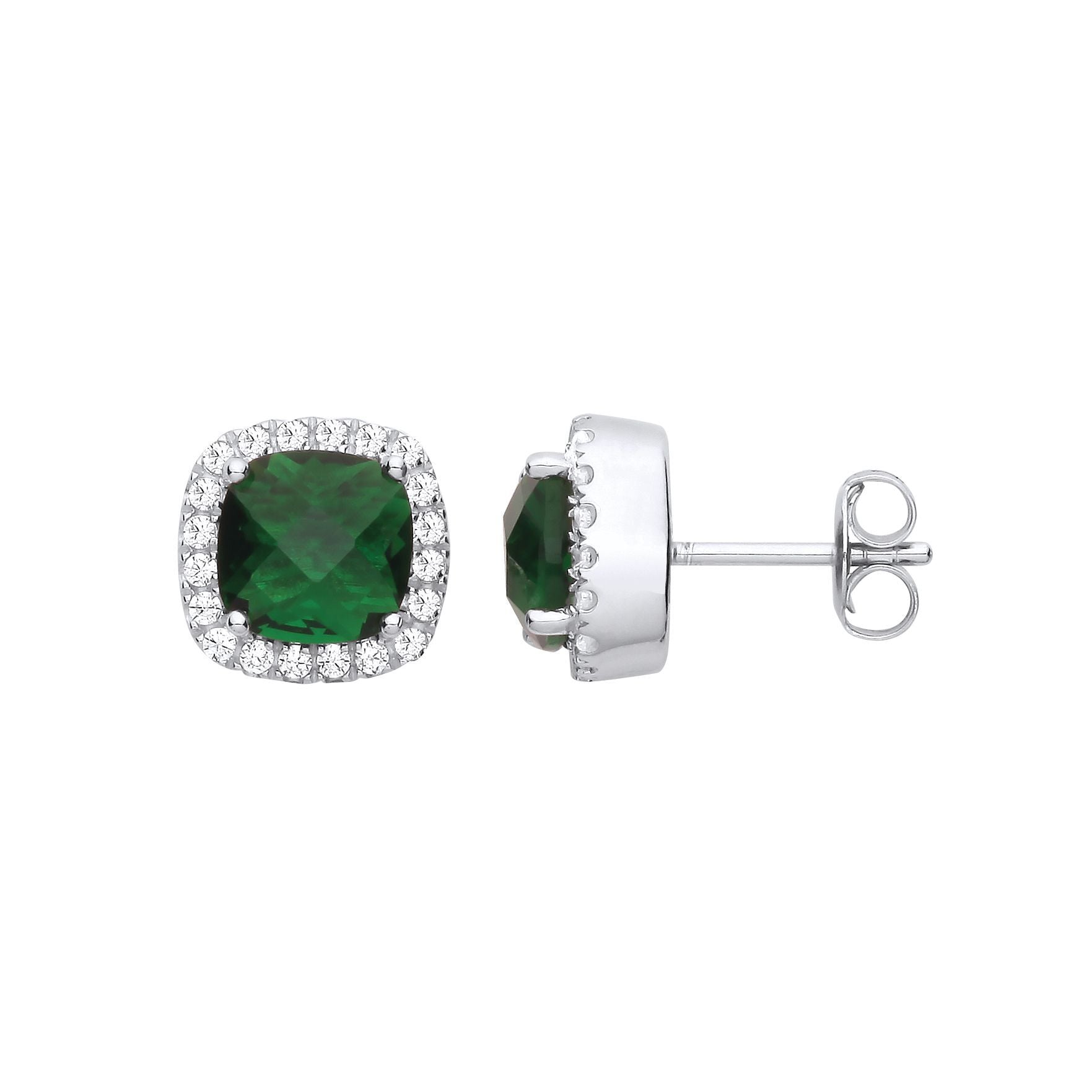 925 Sterling Silver  Green Cushion CZ Halo Stud Earrings - EAG1269EM