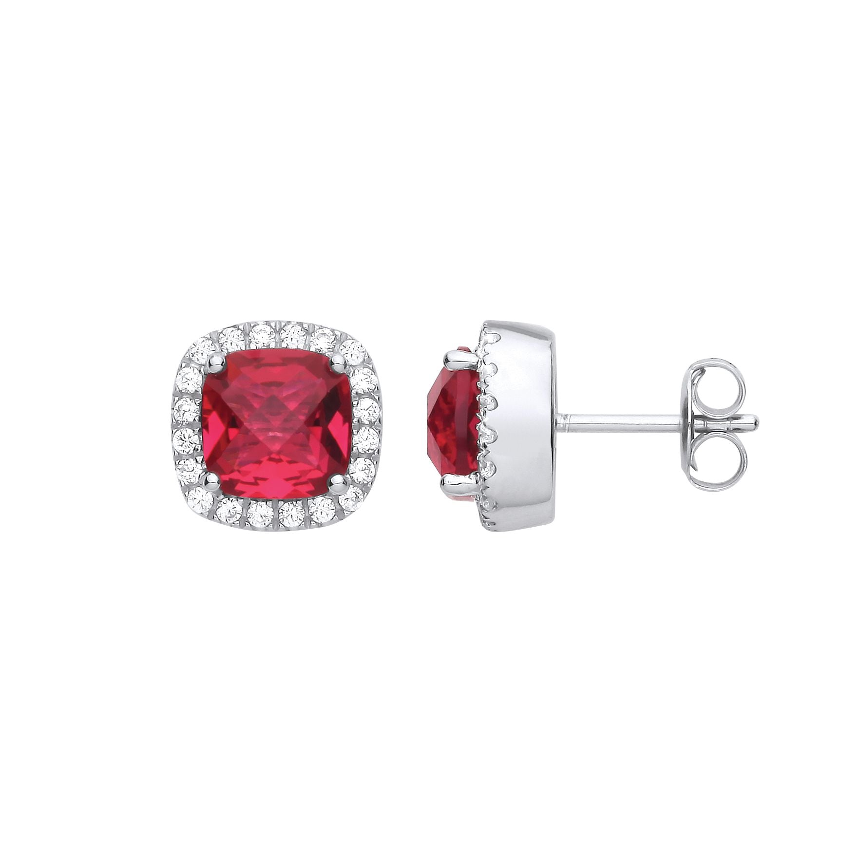 925 Sterling Silver  Red Cushion CZ Halo Stud Earrings - EAG1269RU