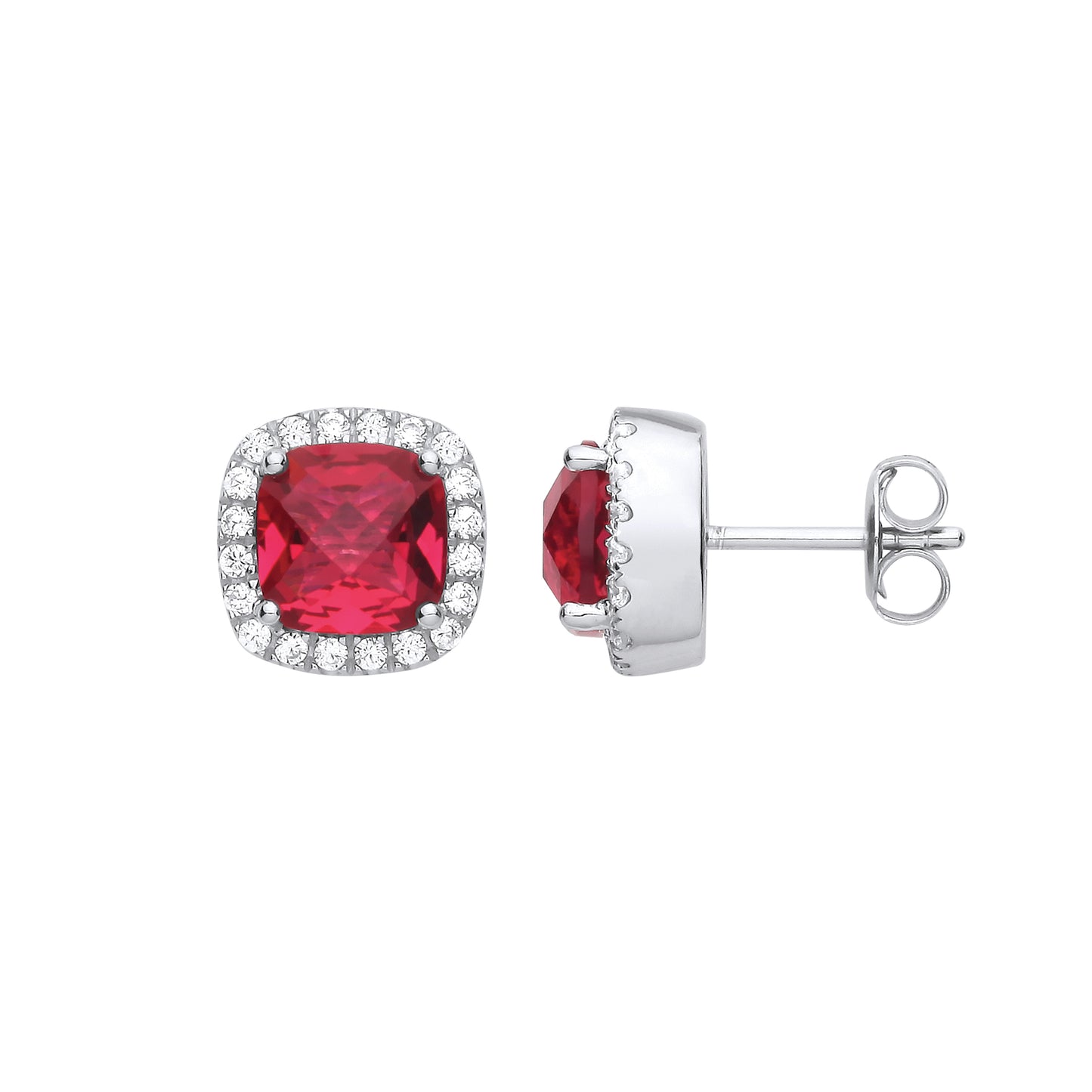 925 Sterling Silver  Red Cushion CZ Halo Stud Earrings - EAG1269RU