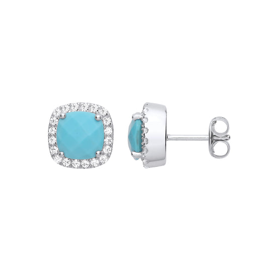 925 Sterling Silver  Blue Cushion Turquoise CZ Halo Stud Earrings - EAG1269TQ