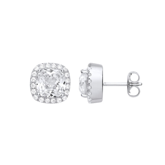 925 Sterling Silver  Cushion CZ Halo Stud Earrings - EAG1269WH