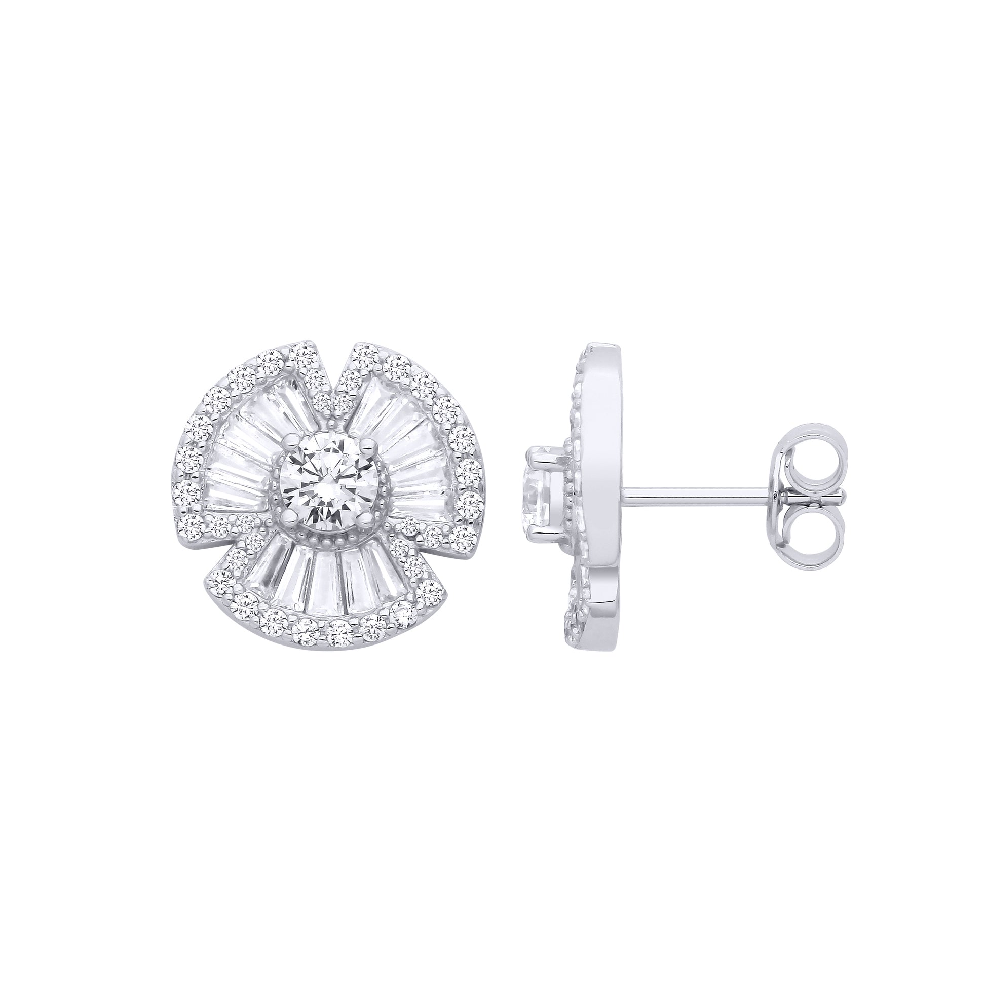 Platinum Plated Silver  Baguette CZ Art Deco Clover Bow Solitaire Stud Earrings 14mm - EAG1270