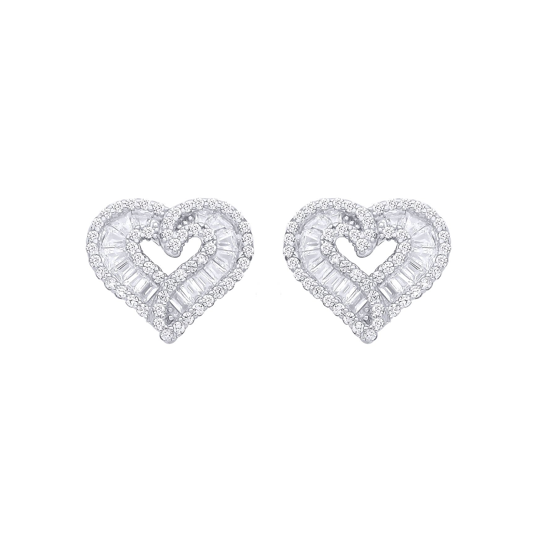 Silver  Baguette CZ Angel Wings Love Heart Stud Earrings - EAG1280