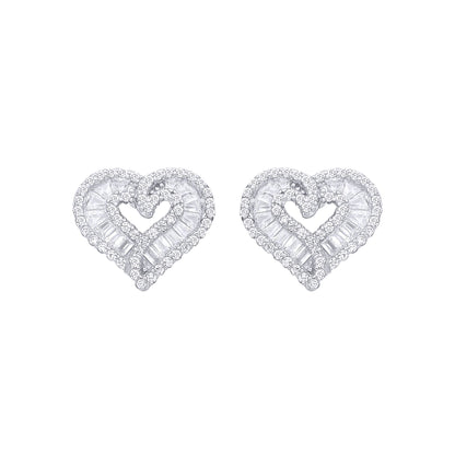 Silver  Baguette CZ Angel Wings Love Heart Stud Earrings - EAG1280