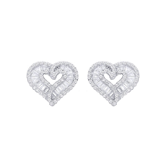 Silver  Baguette CZ Angel Wings Love Heart Stud Earrings - EAG1280