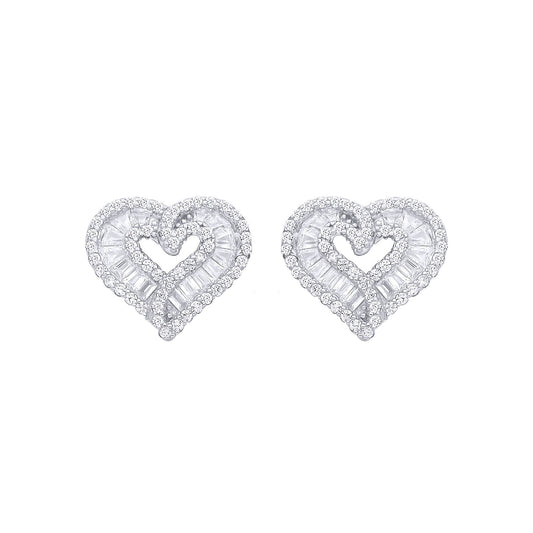 Silver Baguette CZ Angel Wings Love Heart Stud Earrings - EAG1280