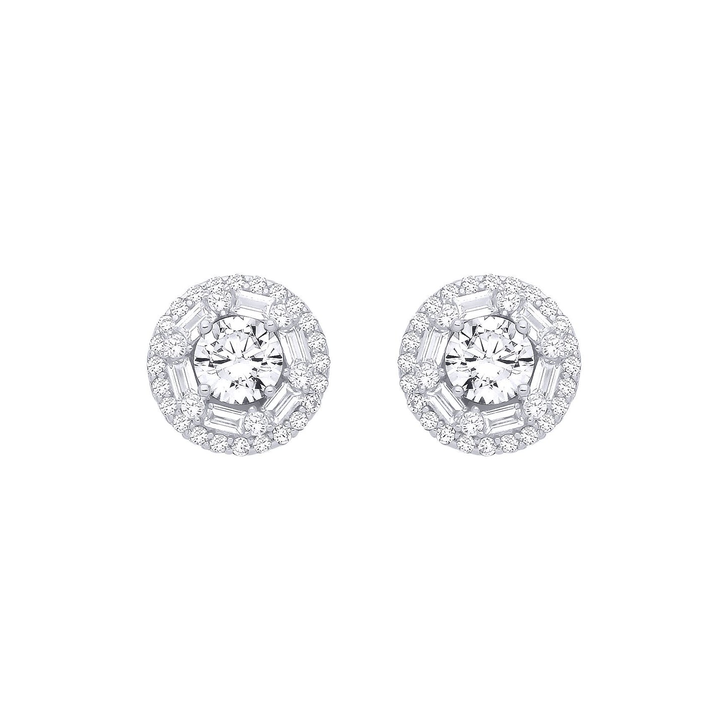Silver  Baguette CZ Shisha Solitaire Halo Cluster Stud Earrings - EAG1281