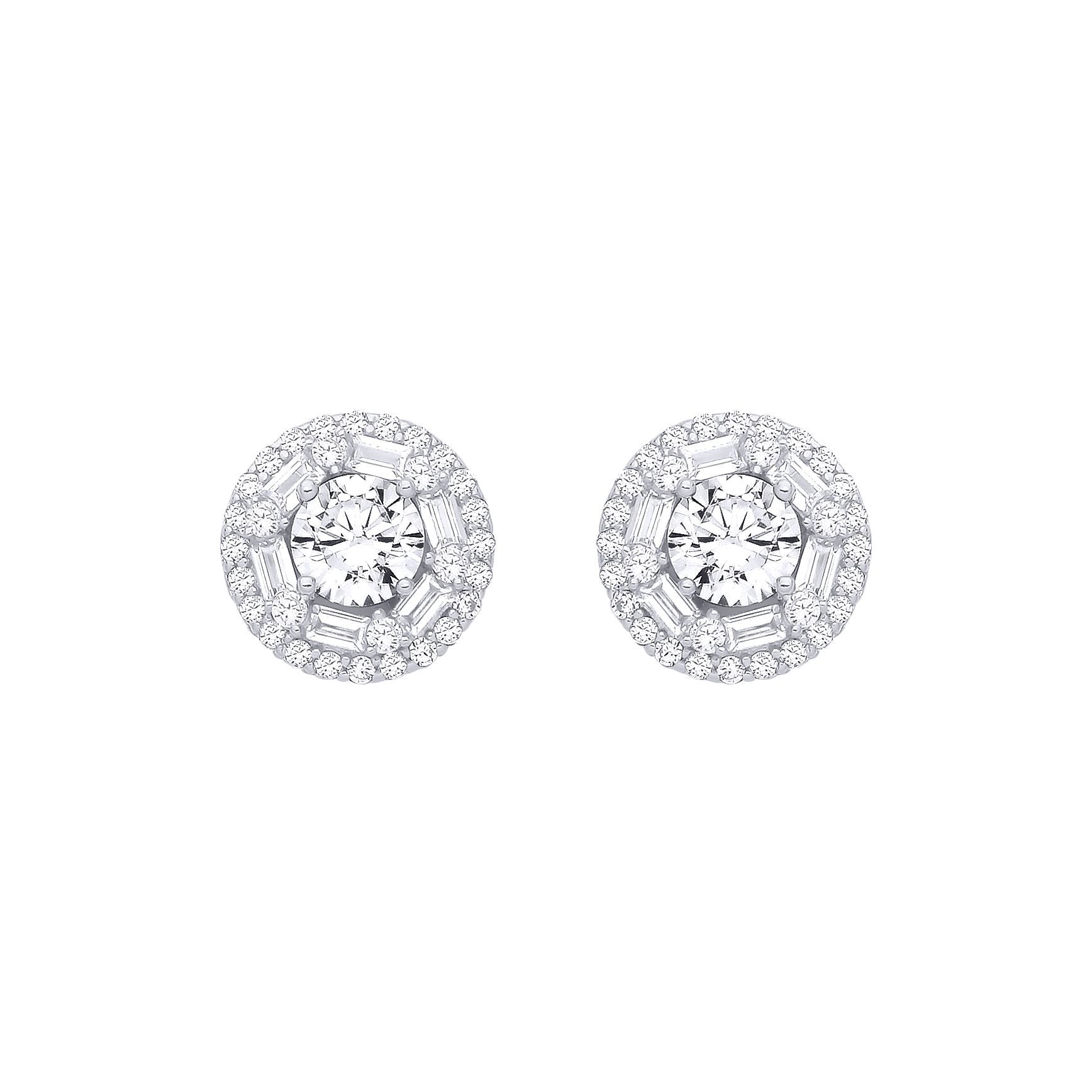 Silver  Baguette CZ Shisha Solitaire Halo Cluster Stud Earrings - EAG1281