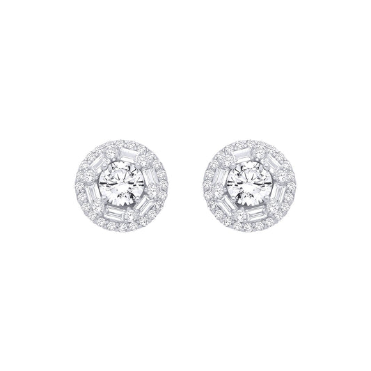 Silver  Baguette CZ Shisha Solitaire Halo Cluster Stud Earrings - EAG1281