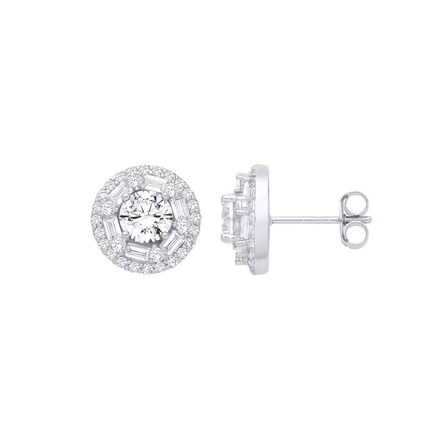 Silver  Baguette CZ Shisha Solitaire Halo Cluster Stud Earrings - EAG1281